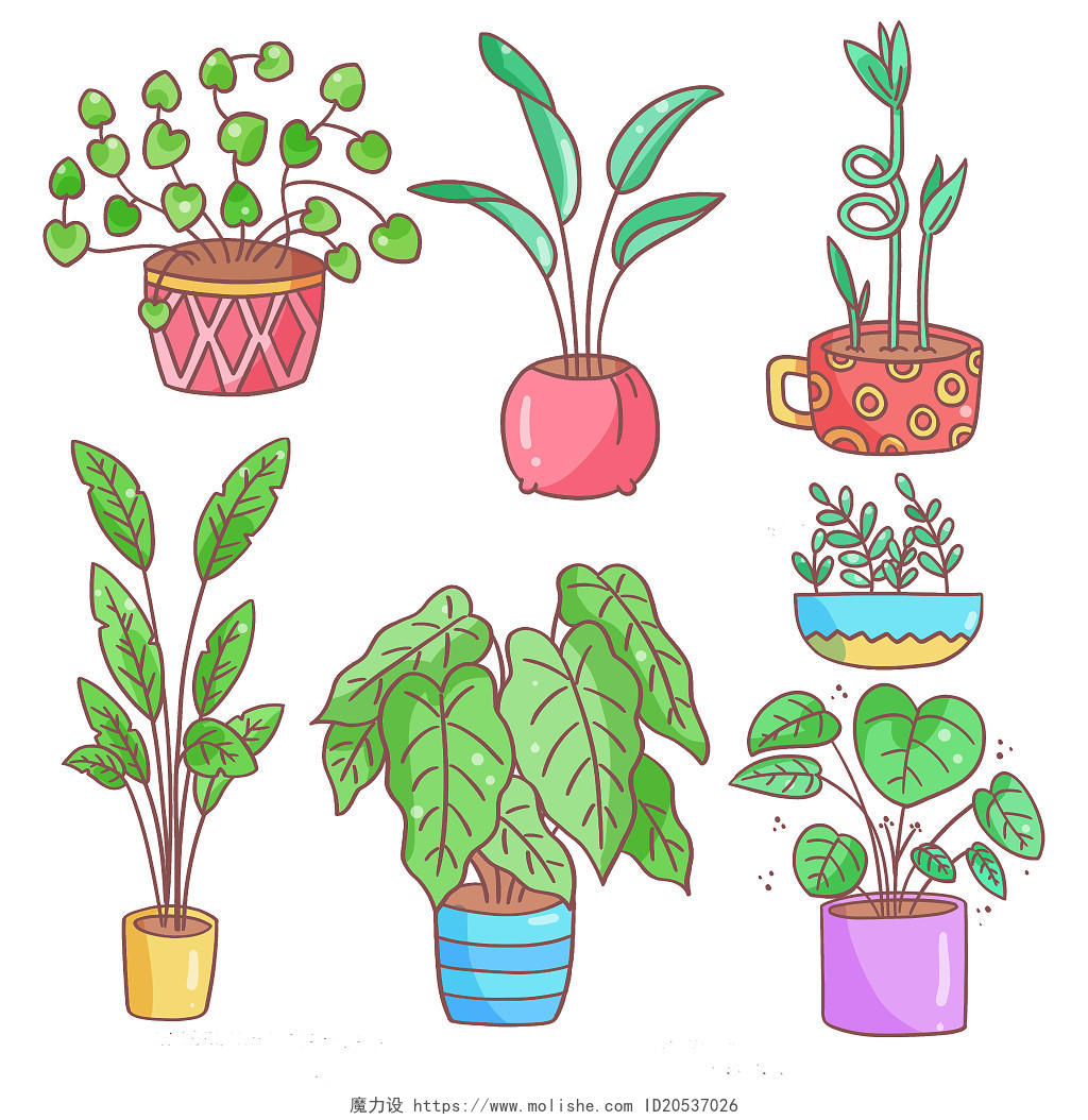卡通风盆栽植物插画组合元素png